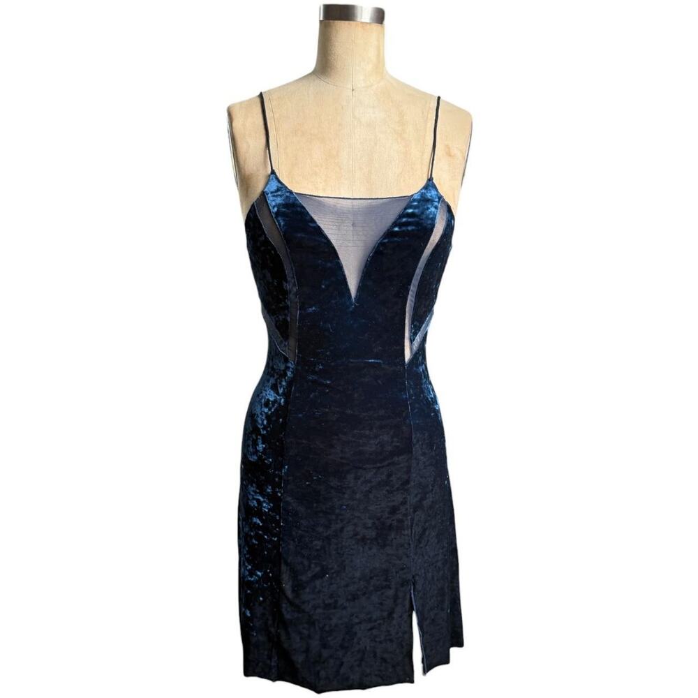 Free people navy blue velvet mini slip dress with sheer mesh panels size S